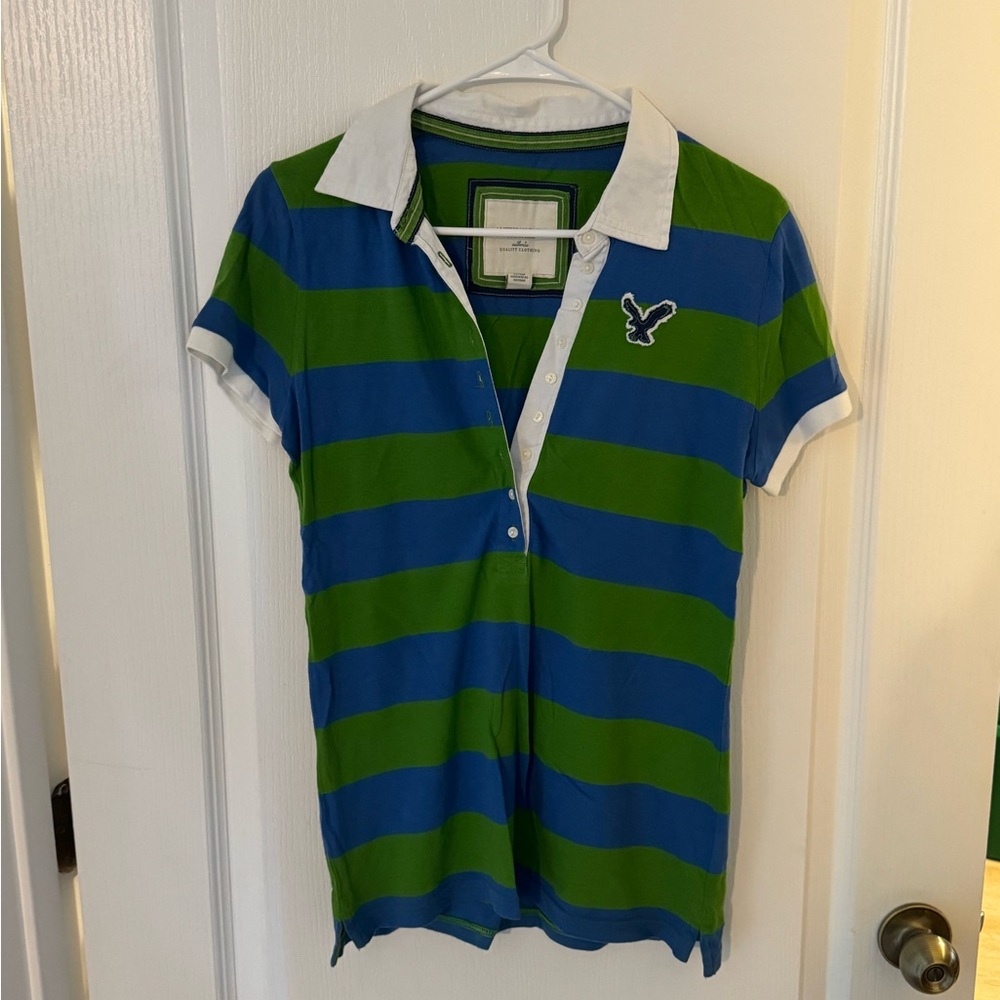 American Eagle Outfitters Blue and Green Striped Polo